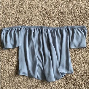 Silky grey blue off the shoulder shirt